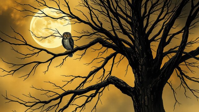 Owl on a bare tree branch against a full moon night sky