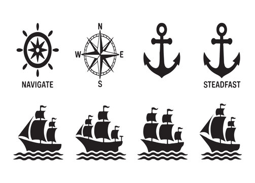 Vintage maritime travel symbols including tall ship silhouettes anchors and classic compass rose illustrations.