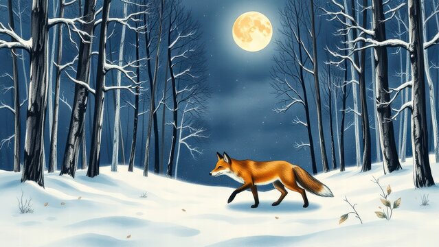Red fox walking in snowy winter forest under full moon