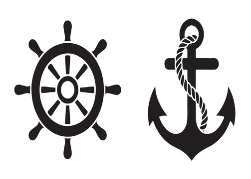 Detailed black silhouette icons of ship steering wheel and anchor with rope for marine themed logo designs.