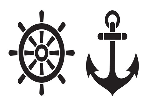 Nautical steering wheel and boat anchor silhouette icons isolated on transparent background for marine decor design.