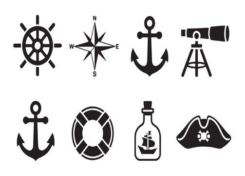 Collection of nautical icons including ship steering wheel compass anchor telescope and pirate hat vector.