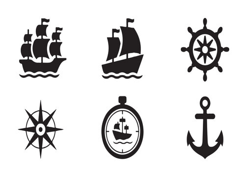 Set of marine icons featuring sailing ships compass and anchor silhouettes for nautical design navigation.