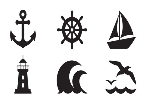Set of marine and nautical vector icons featuring anchor ship wheel sail boat lighthouse waves and seagull.