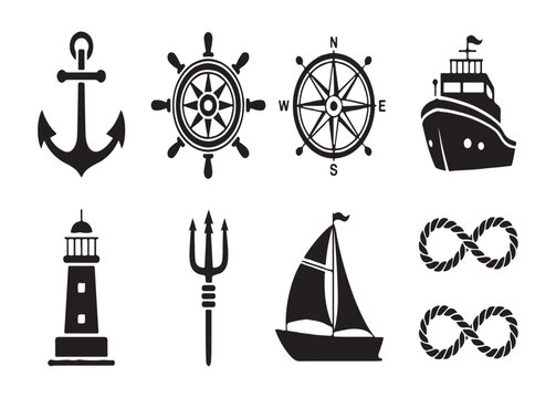 Detailed set of marine themed icons including anchor steering wheel ship lighthouse and trident vector art.