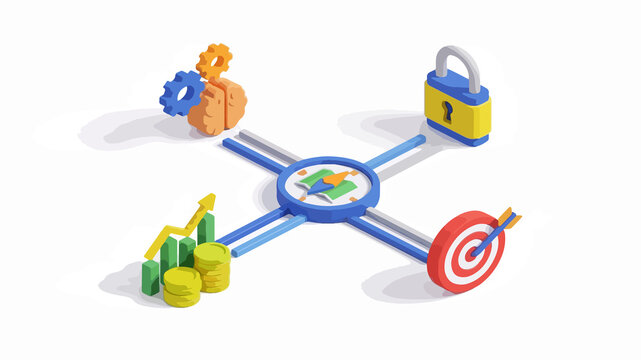 Business strategy diagrams illustrate connection between financial targets brainpower and data protection. Illustrations