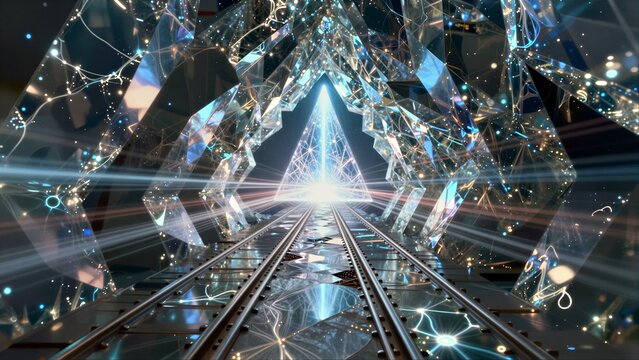 Crystal tunnel with glowing light, tracks leading to radiant triangular portal.