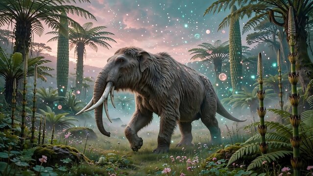 A majestic prehistoric mammoth walks through a lush, ancient forest bathed in ethereal twilight