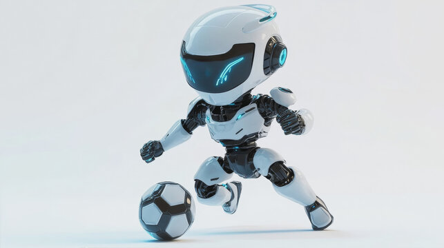 Futuristic cute chibi robot playing soccer on white background 3D render