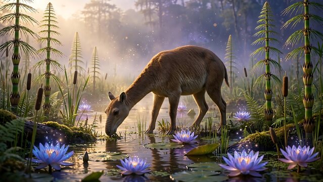 Ancient creature drinks from a serene prehistoric marsh, surrounded by glowing water lilies and tall horsetail reeds under a misty, sunlit sky