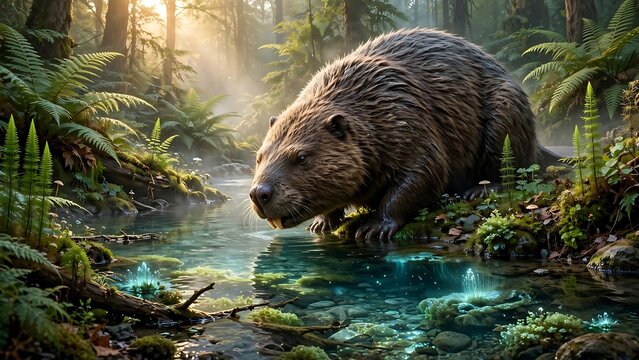 A close-up view of a large beaver emerging from a lush forest stream, with sunlight filtering through the trees