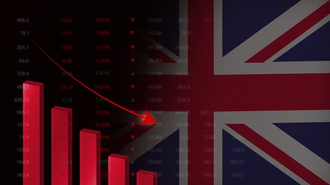 Economic crisis in United Kingdom concept background.Red falling graph animation with British flag.Stock market crash