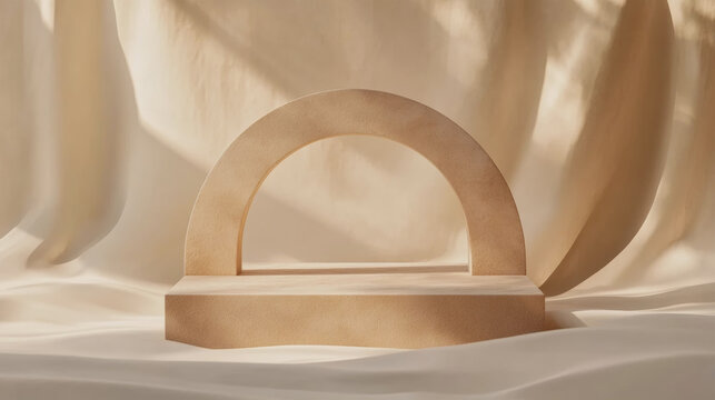Minimalist beige podium stage with arch and soft fabric drapery background with shadow play for product display