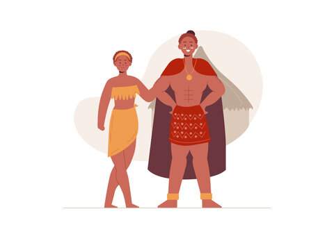 An indigenous or tribal couple wearing traditional ethnic clothing. African tribe illustrations. Flat vector concepts.