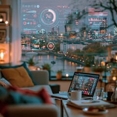 Obraz premium View from luxurious modern office through transparent solar glass windows overlooking glowing futuristic green city skyline at evening twilight.