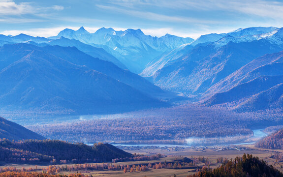 Belukha Mountain is the highest point of Altai, view of snow-capped peaks, climbing and traveling in the mountains