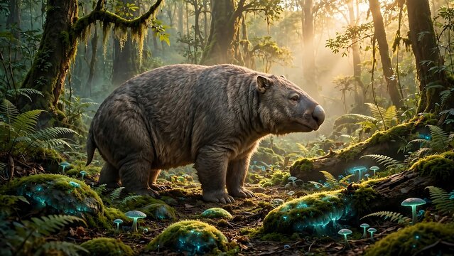 Ancient creature roaming through a lush, bioluminescent forest at sunrise, prehistoric wildlife in its natural habitat