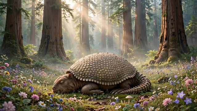 Serene armadillo slumbers peacefully amidst a sun-dappled forest floor carpeted with wildflowers