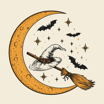 A vintage illustration of a witch's hat on a broomstick flying across a crescent moon with bats and stars.