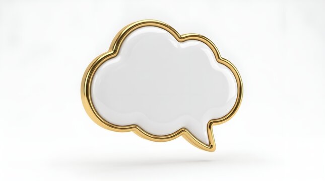 Luxury gold speech bubble with white glossy finish, elegant 3D chat icon, metallic gold frame message cloud on white background