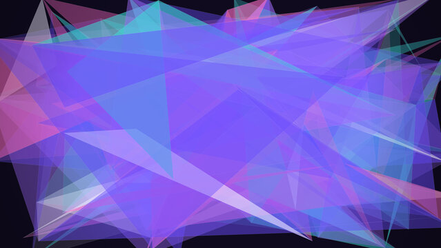 Abstract background, featuring overlapping semi-transparent, triangles in shades, of blue, purple, and pink on, a dark black, background surface