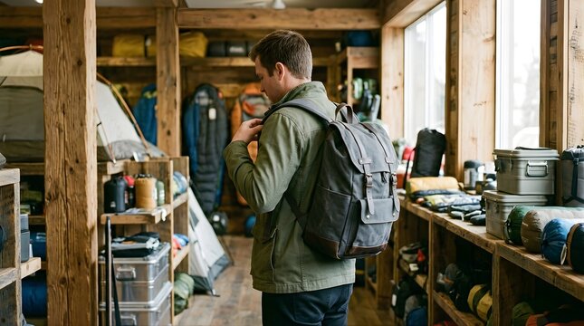 Man wearing a backpack inside an outdoor gear store shopping for equipment