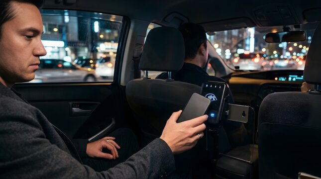 Passenger pays for taxi fare with smartphone via contactless technology