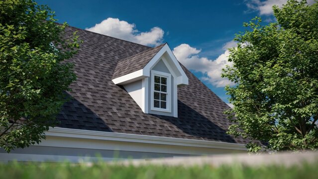 Modern dark gray asphalt shingle roof featuring classic white dormer window against bright blue sky with fluffy white clouds.