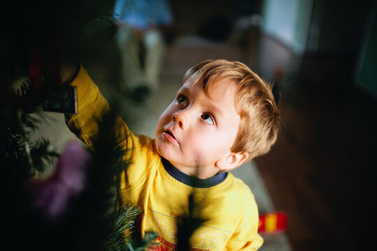 Little Boy Decorating Christmas Tree