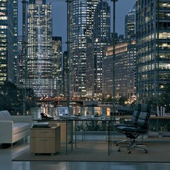 Obraz premium View from luxurious modern office through transparent solar glass windows overlooking glowing futuristic green city skyline at evening twilight.