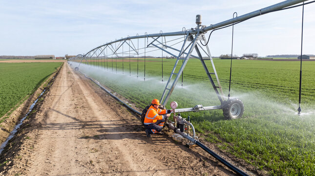 Technician checks a field valve beneath an operating pivot irrigator