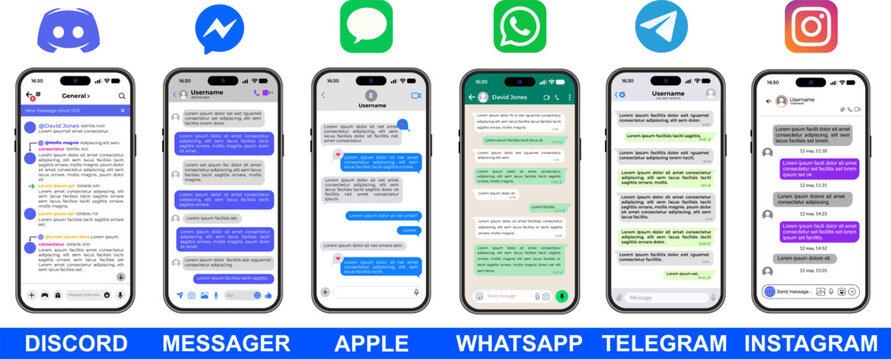 Discord Messenger Apple WhatsApp Telegram Instagram app icons, multi social media mobile mockups comparison, popular smartphone chat interfaces