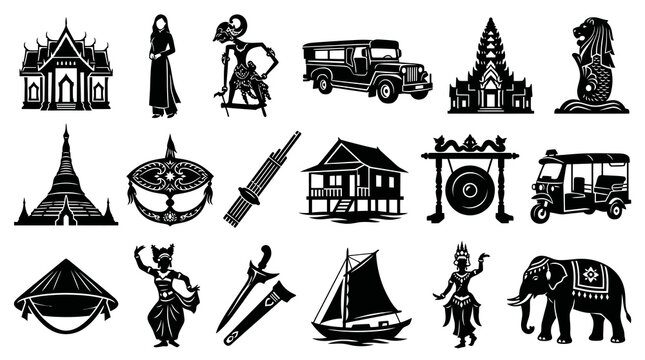 Southeast Asia Cultural Travel Icons Collection - Black Glyph Vector Silhouettes of Landmarks, Traditions  Symbols