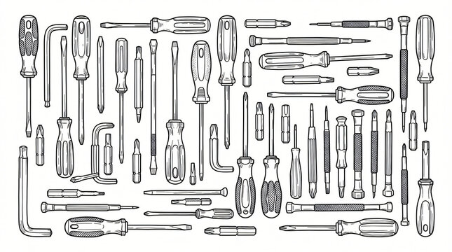Hand Screwdriver Bit Line Art Doodle Collection Hand Drawn Flathead Phillips Torx Star Precision Watchmaker Steel Hexagonal Bit Stroke Weight Strictly Textless White Background Asset Stock