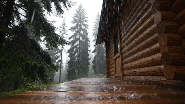 Cozy log cabin porch in rainy forest wet wooden deck evergreen trees peaceful nature scene