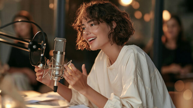 Podcast Starlet: A young woman with a warm smile and expressive eyes shares her thoughts into a professional microphone, her voice filling the studio with captivating content.