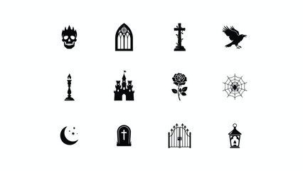 Fototapeta premium Black and white icons of gothic and mystical symbols arranged in clean grid layout with organized grid pattern silhouettes gothic architectural illustration ornamental moon