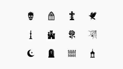 Fototapeta premium Black and white icons depicting traditional gothic and mystical symbols arranged in grid pattern with Gothic style icons illustrate symbolic elements skulls architectural moon