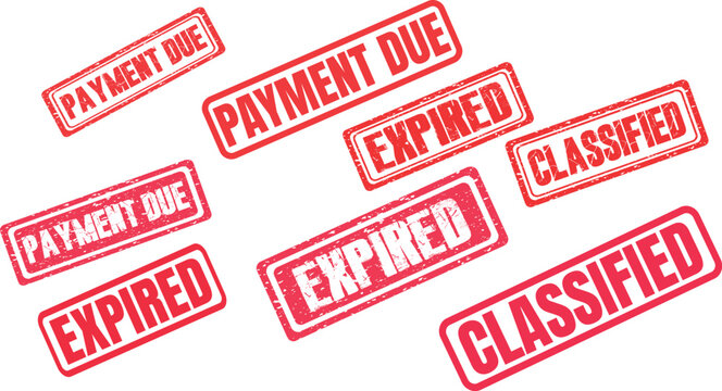 Set of red rubber stamps with Payment Due, Expired, and Classified text on white background