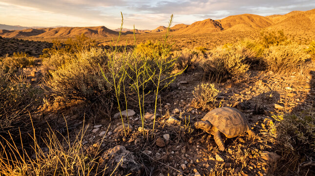 Desert tortoise walking through arid landscape at sunset
