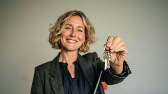 Real Estate Success: A smiling woman in a suit proudly holds a set of keys, signifying a successful property transaction and the beginning of a new chapter.