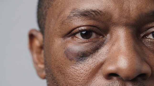 Close Up of Black Man Face with Severe Black Eye Bruise and Swelling