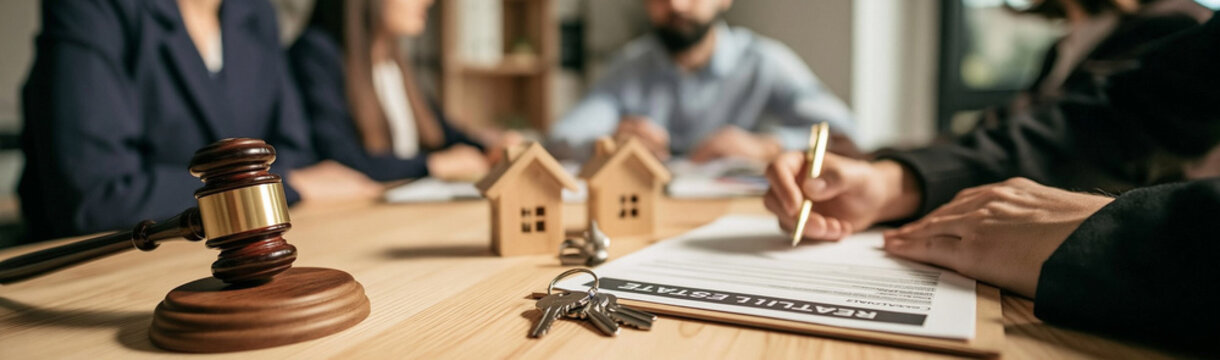Legal Agreement for Property: A gavel and miniature houses sit on a table as people in formal attire sign documents, symbolizing a legal property transaction or dispute resolution.