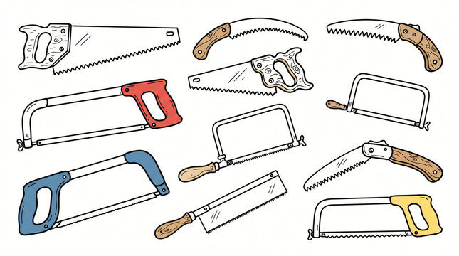 Construction Hand Saw Hacksaw Tool Hand Drawn Line Art Doodle Pack Wood Traditional Metal Frame Keyhole Pruning Coping Contour Retro Style Strictly Textless White Background Asset Stock