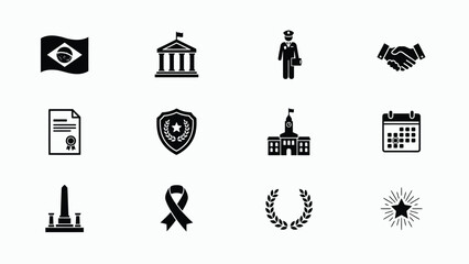 Fototapeta premium Collection of official symbols and government related icons representing authority with Set black white icons with illustrating government law, law ceremonies, recognition, seal