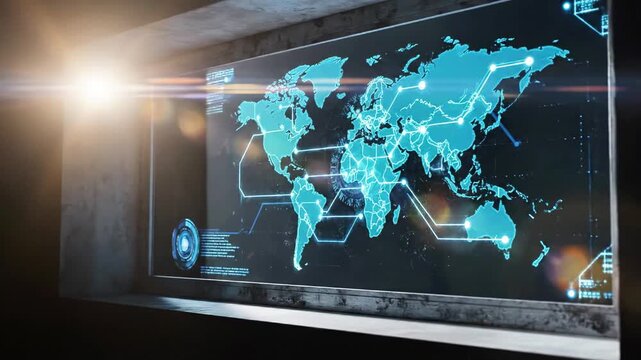 Digital world map on window with sunlight in dark room