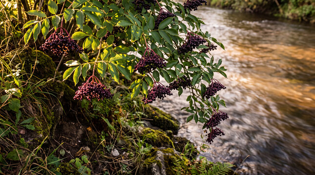 Elderberry bush branches laden with ripe dark berries hanging over a flowing river stream