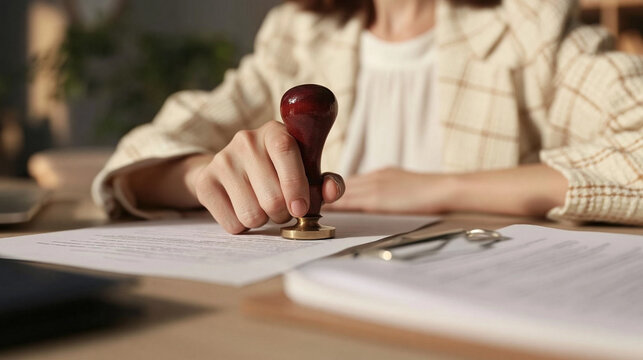 Official Stamp of Approval: A close-up shot captures a person's hand holding a vintage wooden-handled stamp, pressing it onto a document, signifying a seal of authenticity and approval.