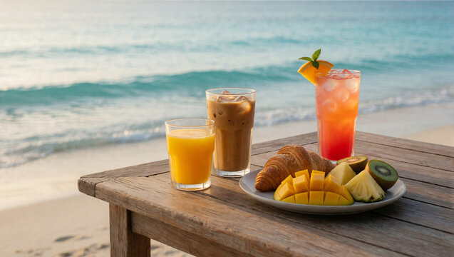  Delicious beach breakfast with fresh orange juice, iced coffee, a cocktail, and a fruit platter on a wooden table.
