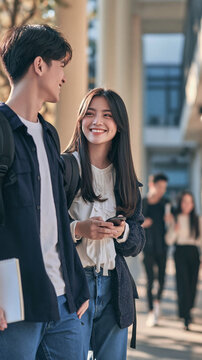 Campus Connection: A young man and woman, perhaps students, share a warm glance and a smile as they walk on a sun-drenched campus pathway, embodying youthful connection and possibility.